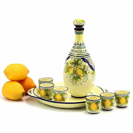 LIMONCELLO: Limoncello Set with Blue trimmings - Bottle with stopper and Tray and 6 Shot Glasses - (Limoncello liquor not included)