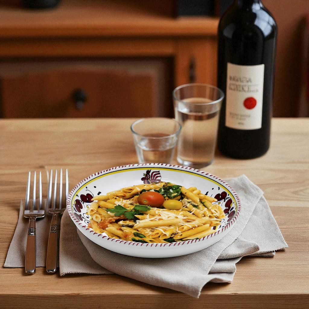 ORVIETO RED ROOSTER: Risotto/Pasta/Cioppino round shallow coupe bowl