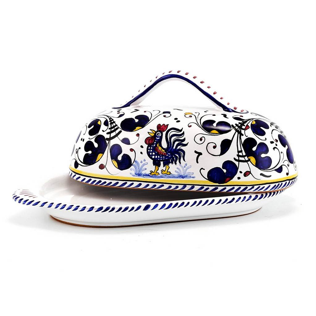 ORVIETO BLUE ROOSTER: Oval Butter Dish with Cover