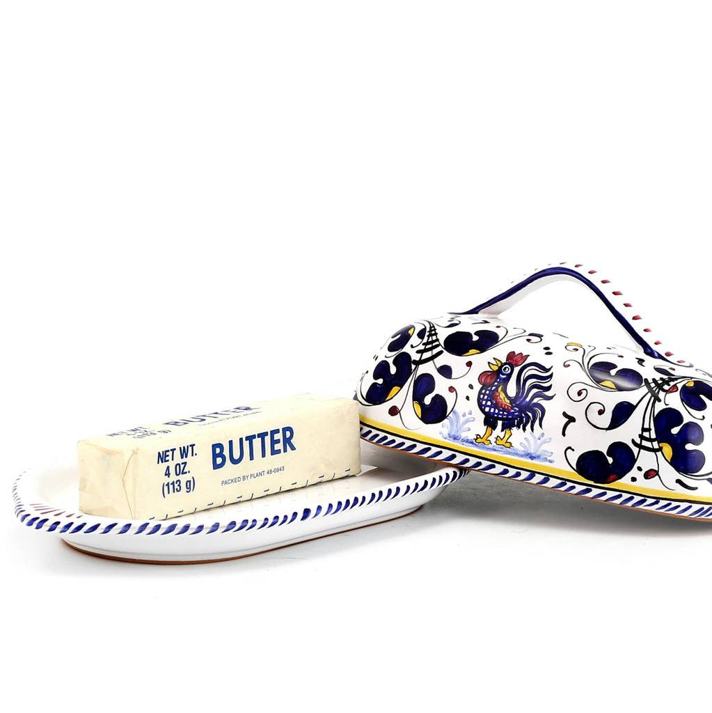 ORVIETO BLUE ROOSTER: Oval Butter Dish with Cover