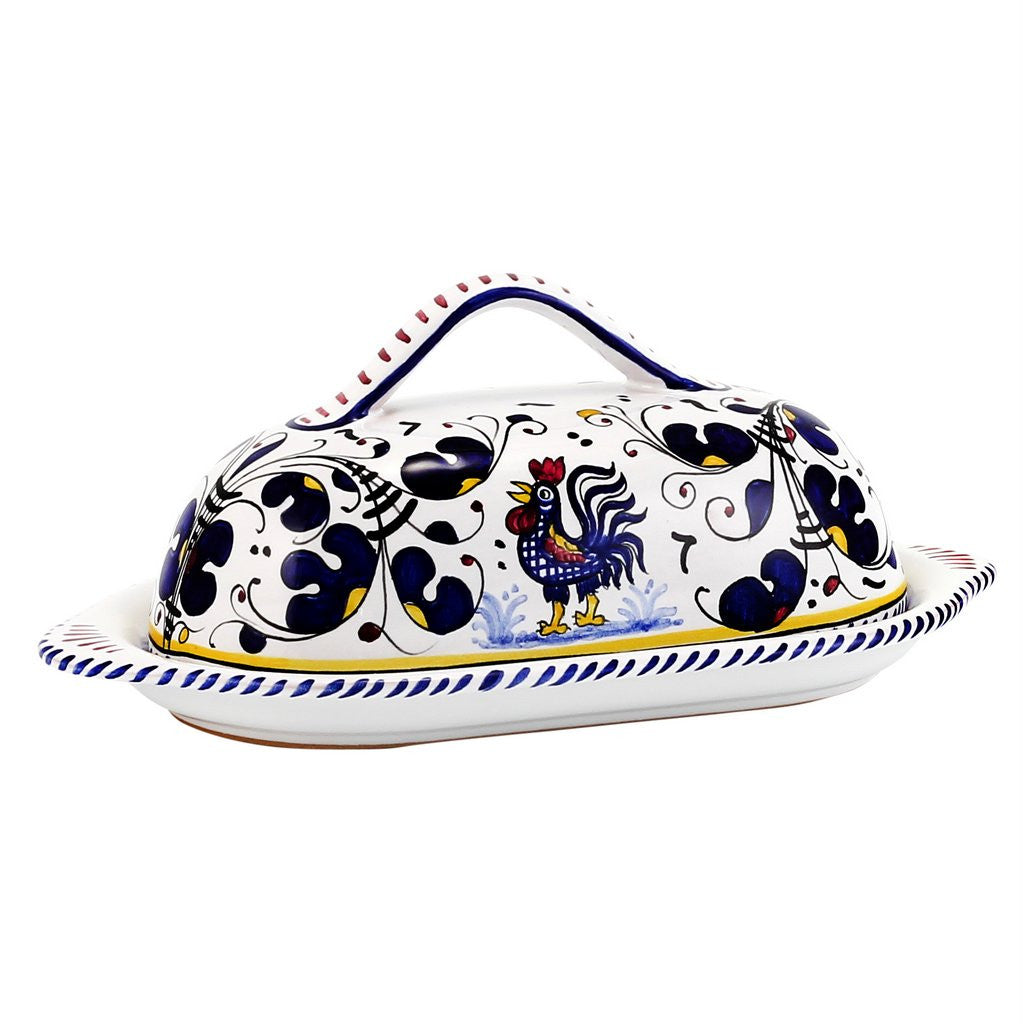ORVIETO BLUE ROOSTER: Oval Butter Dish with Cover