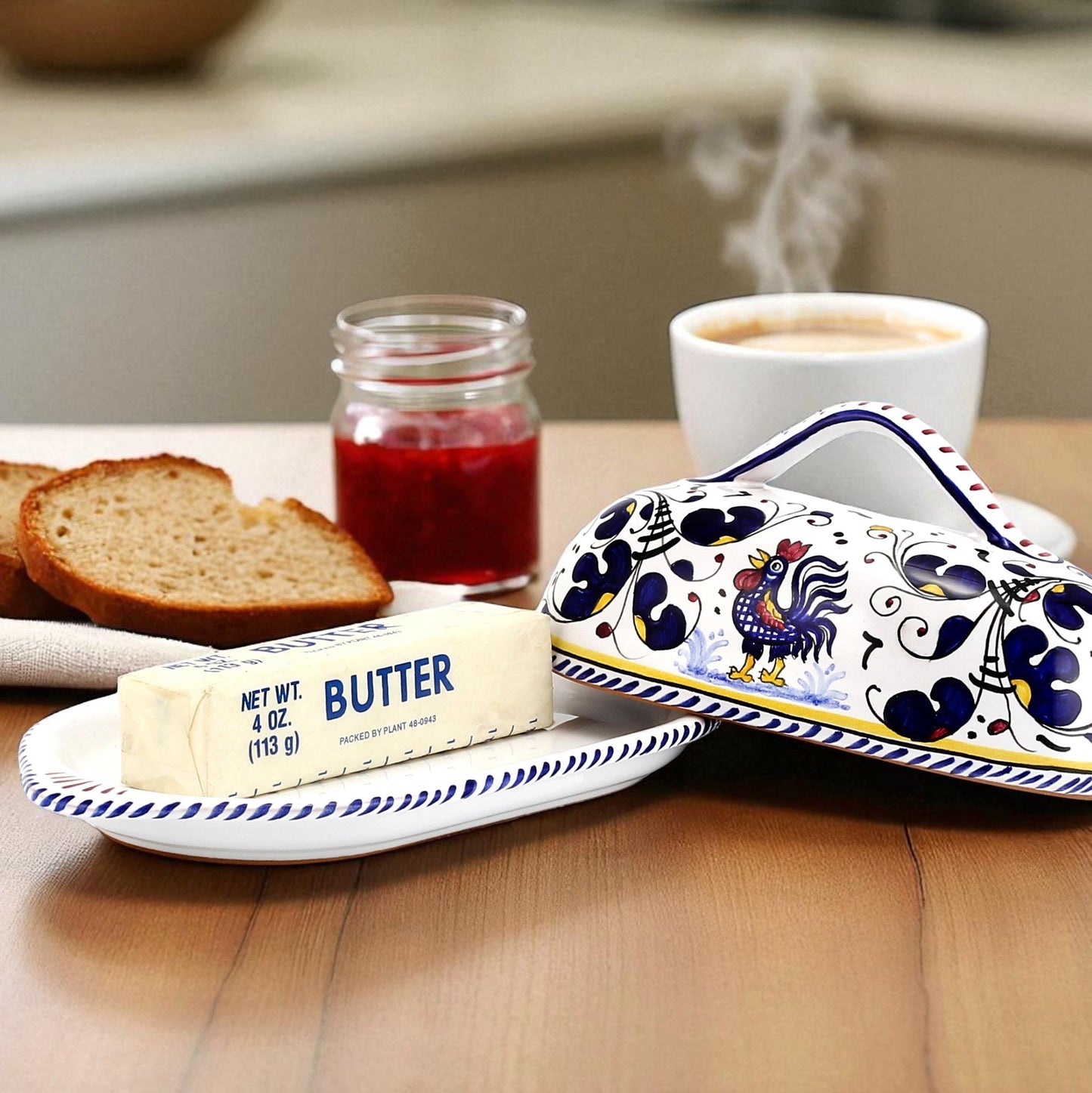 ORVIETO BLUE ROOSTER: Oval Butter Dish with Cover