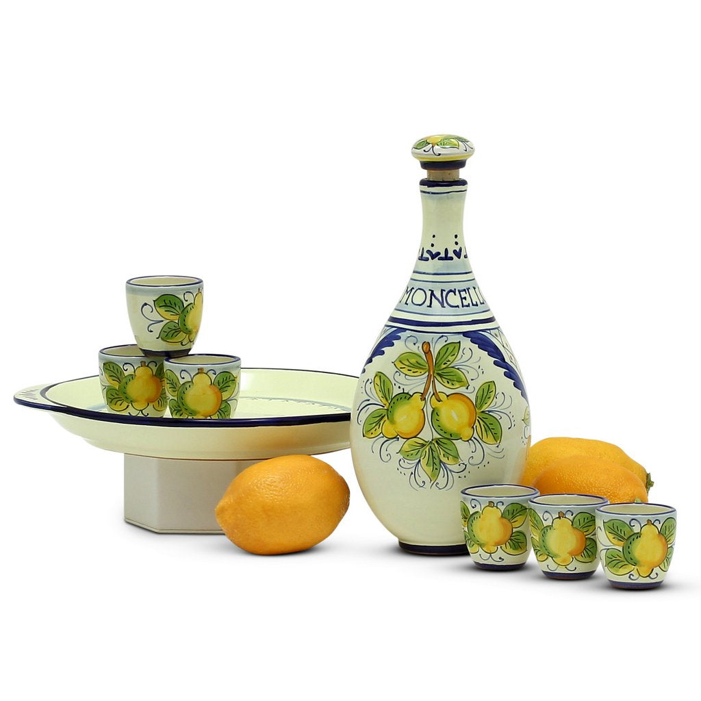 LIMONCELLO: Limoncello Set with Blue trimmings - Bottle with stopper and Tray and 6 Shot Glasses -  (Limoncello liquor not included)