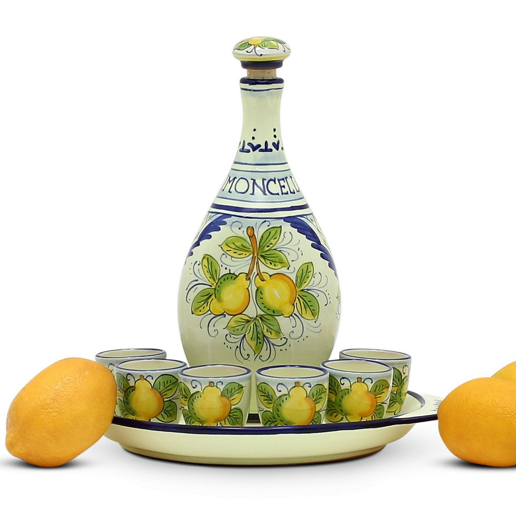 LIMONCELLO: Limoncello Set with Blue trimmings - Bottle with stopper and Tray and 6 Shot Glasses -  (Limoncello liquor not included)