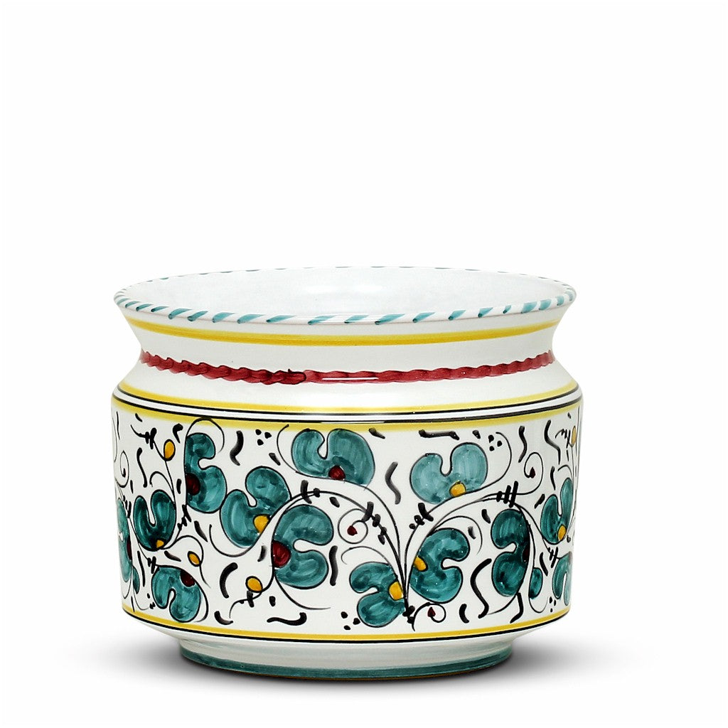 ORVIETO GREEN ROOSTER: Cylindrical Cover Pot - Cachepot Planter (Small)