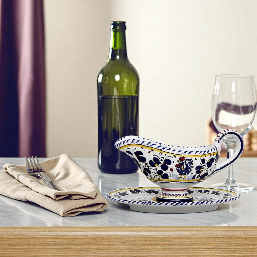 ORVIETO BLUE ROOSTER: Gravy Sauce Boat with Tray