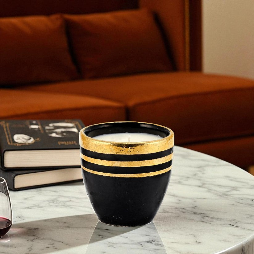 DERUTA MILANO: Large Candle Black with Hand Painted Pure Gold Stripes