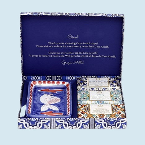 Casa Amalfi Blue Maiolica Gift Box: 3 Soaps + Ceramic Soap Dish