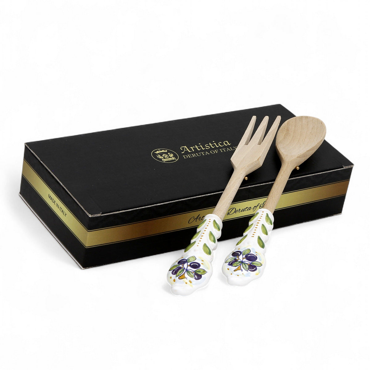 UTENSIL SET: OLIVE Design - Hard Wood with Hand Painted Ceramic Handle (Pair Set)