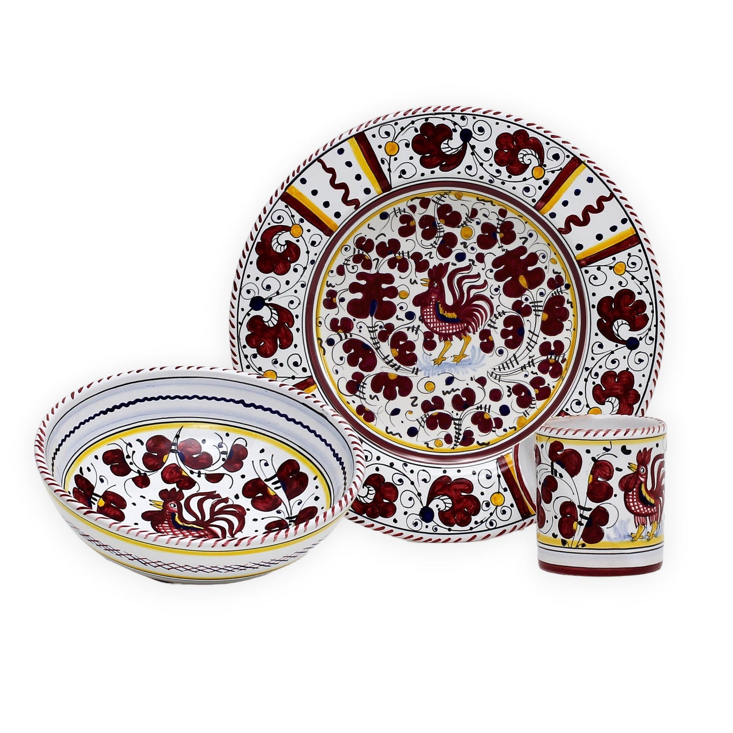 ORVIETO RED ROOSTER: Pre Pack Dinner Plate + Coupe Bowl + Mug