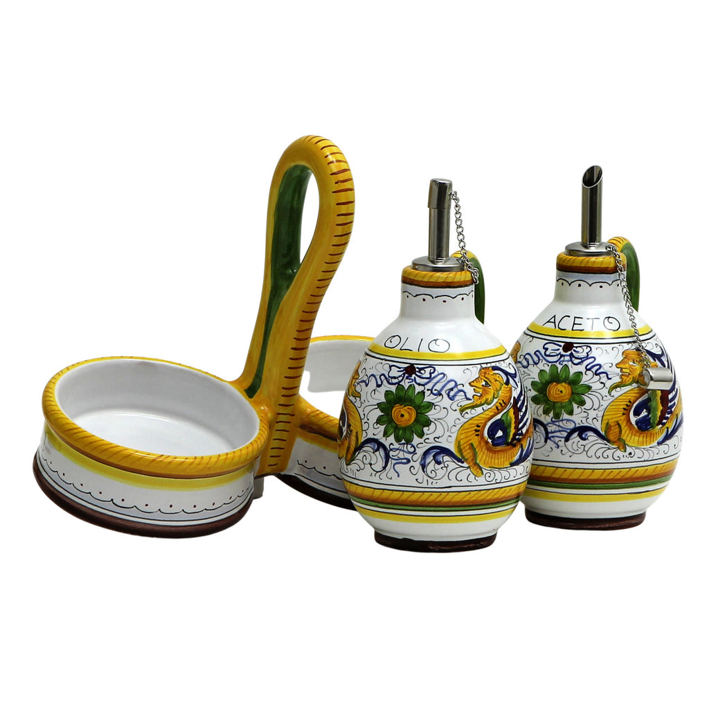 RAFFAELLESCO DELUXE: Oil and Vinegar cruets set with caddy